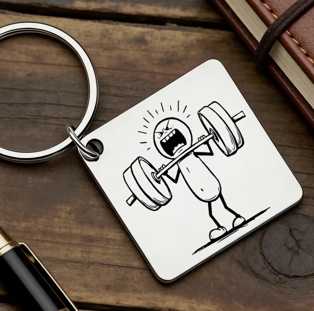 3/$25 Stick Figure Barbell Weight Lifting Workout Stainless Steel Keychain NEW